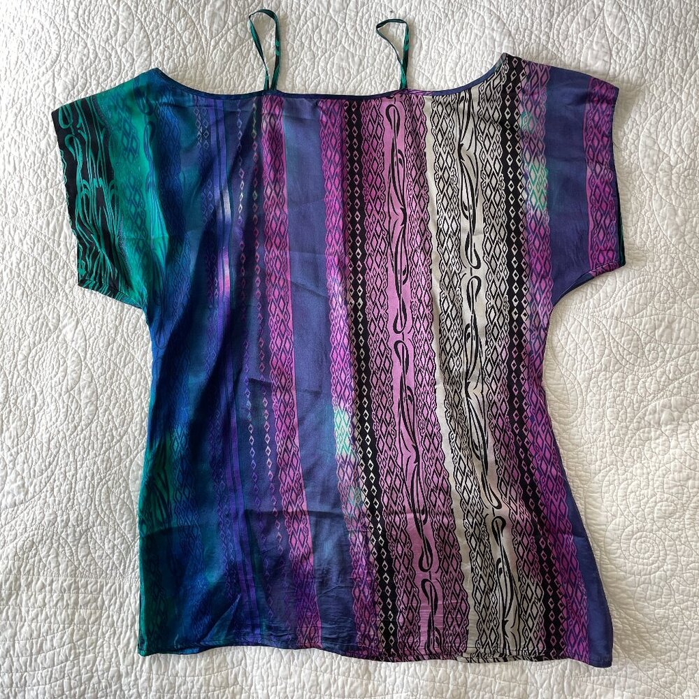 Lucky Brand 100% Silk Cold Shoulder Mini Dress Large Oversized Boho Tunic Top